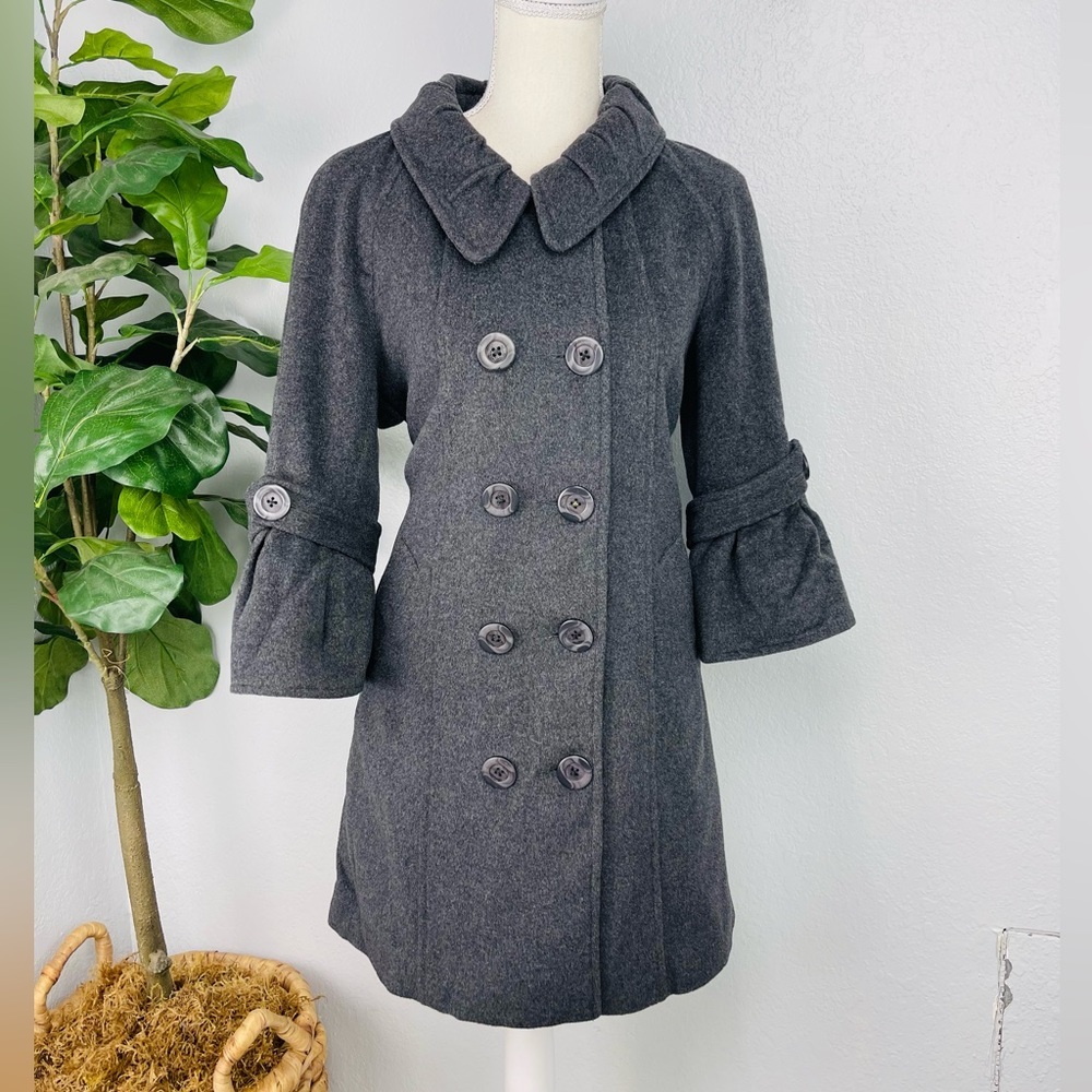 C. Luce Grey Wool Blend 1/2 Bell Sleeve Midi PeaCoat